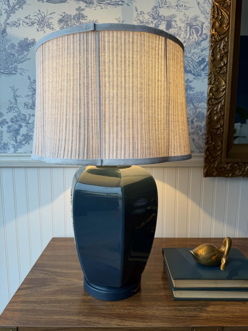 Vintage Navy Impasto Table Lamp with Hand Sculpted Floral Relief and Pleated Shade