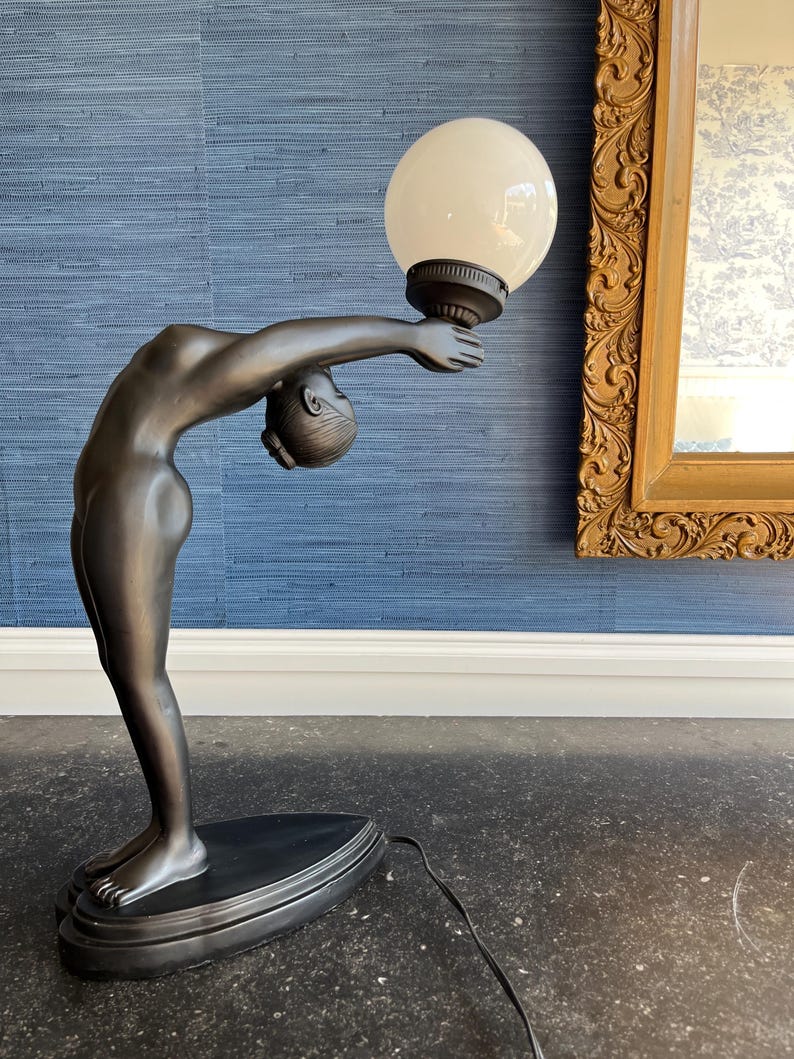 Vintage Nude Woman Silhouette Sculpture Lamp | Art Deco Revival Goddess Globe Lighting
