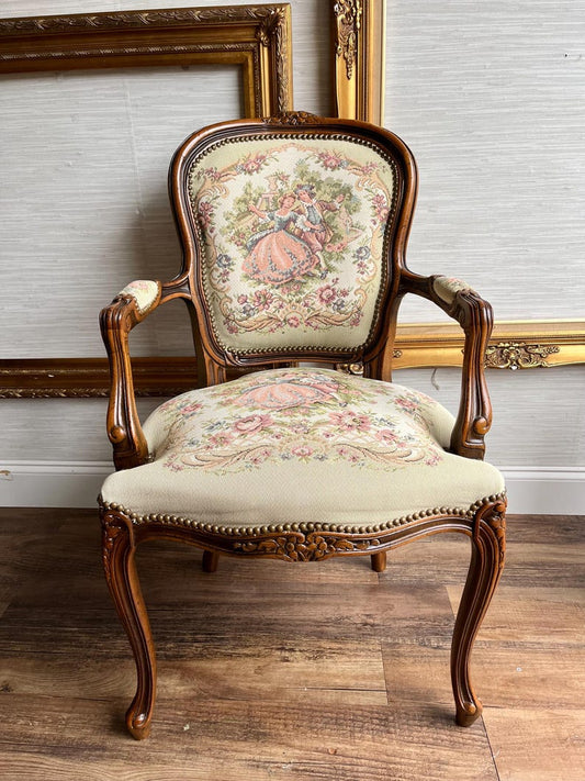 Vintage French Louis XV Style Needlepoint Arm Chair with Pink Tapestry Upholstery – Elegant Accent Chair