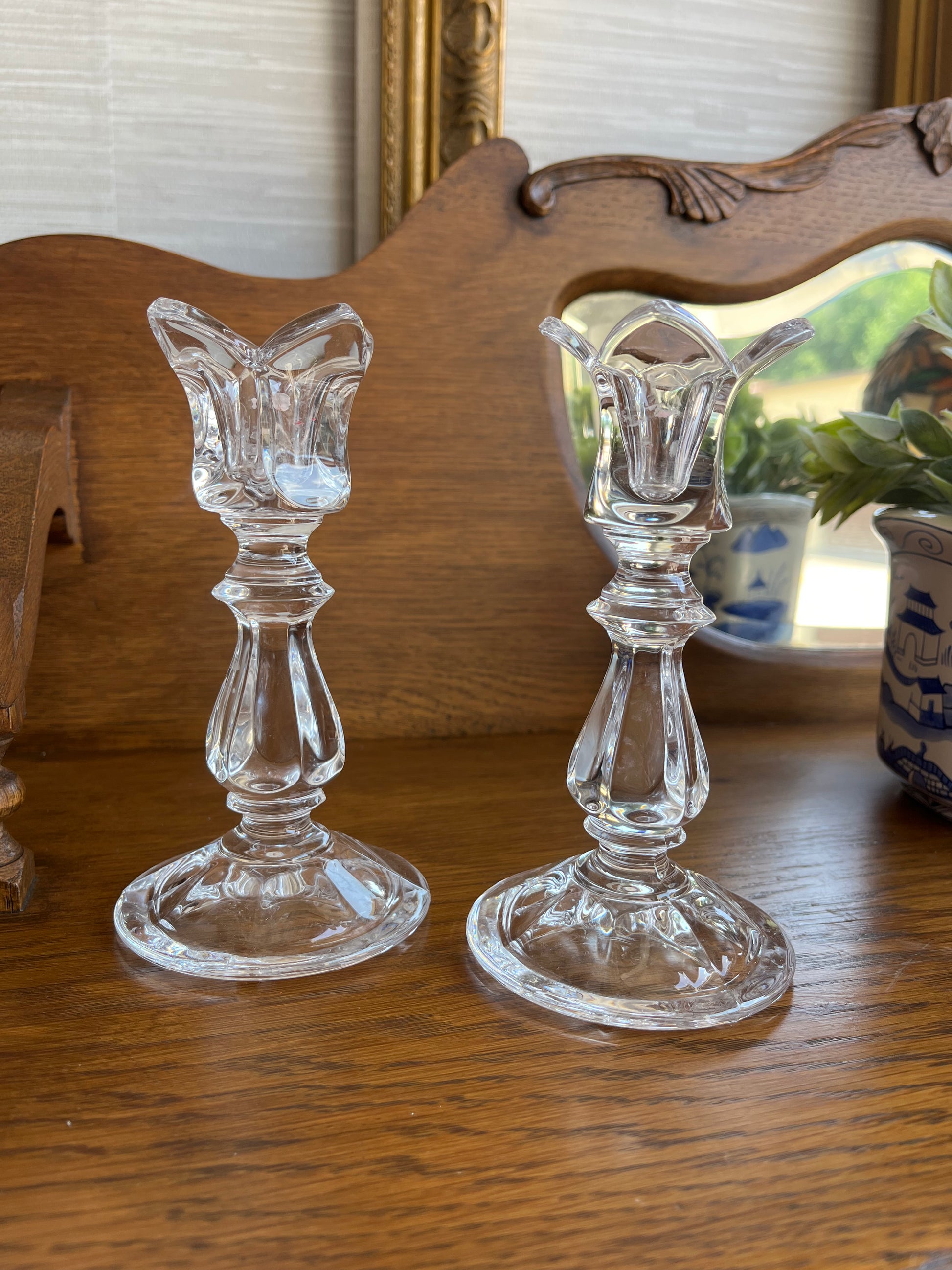 Gorham Crystal Pair of Viscount 7 Candlesticks Holders Tulip Shaped B antiquishhomedecorandmore