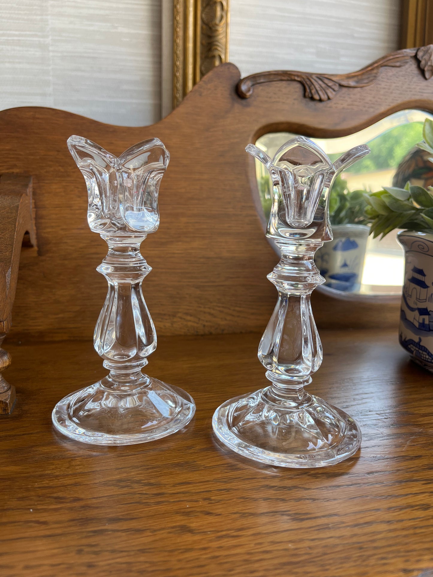 Gorham Crystal Pair of Viscount 7” Candlesticks Holders Tulip Shaped Bowl Lead Crystal