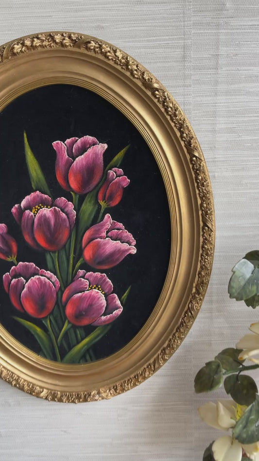 Vintage Mid Century Floral Tulip Acrylic Framed Painting On Velvet