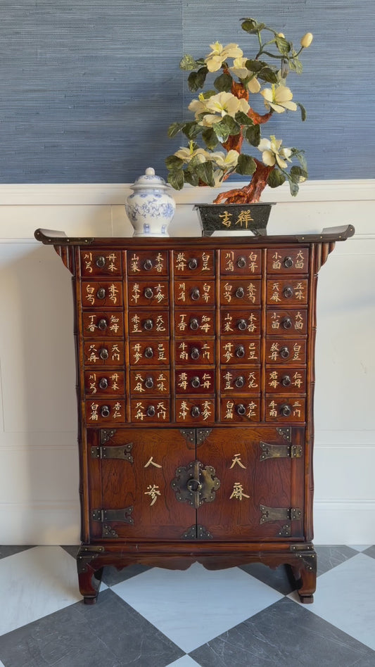 Vintage Chinese Apothecary Cabinet – Mid Century Herb Medicine Chest with Labeled Drawers, Asian Chinoiserie Storage Cabinet