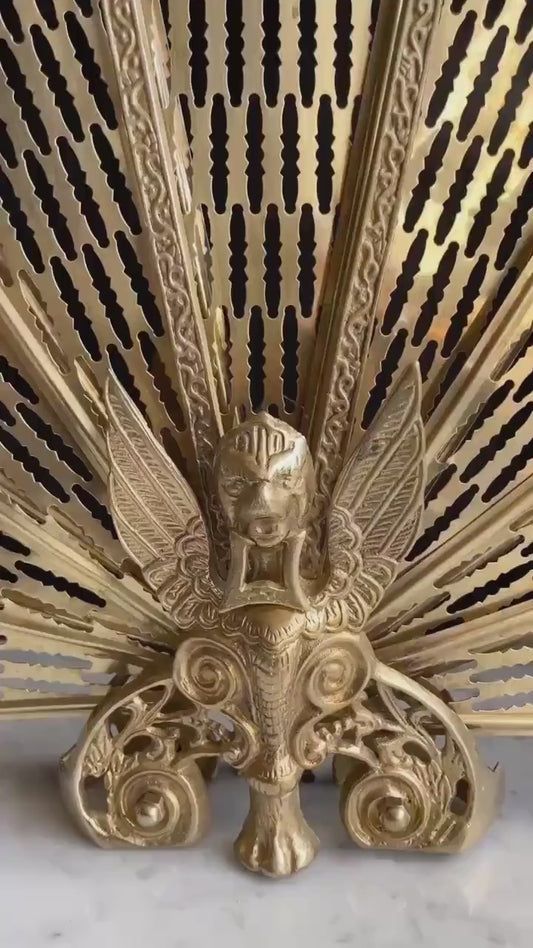 Vintage Brass Folding Peacock Style Gargoyle Folding Fan Fireplace Screen