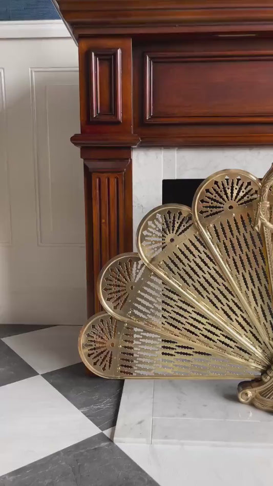 Vintage Cameo Style Brass Peacock Fireplace Screen Folding Fan Fire Guard