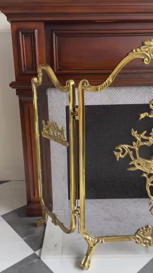 Vintage French Provincial Rococo Style TriFold Ribbons Love Birds Solid Brass Fireplace Screen