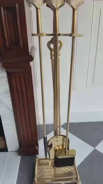 Vintage Brass Fireplace Tool Set with Shell Finials | Decorative Neoclassical Hearth Accessories