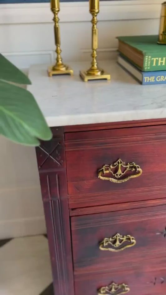 Antique Eastlake 19th Century Marble Top Dresser Hand Carved Spoon Detail Solid Wood Chest Original Brass Hardware