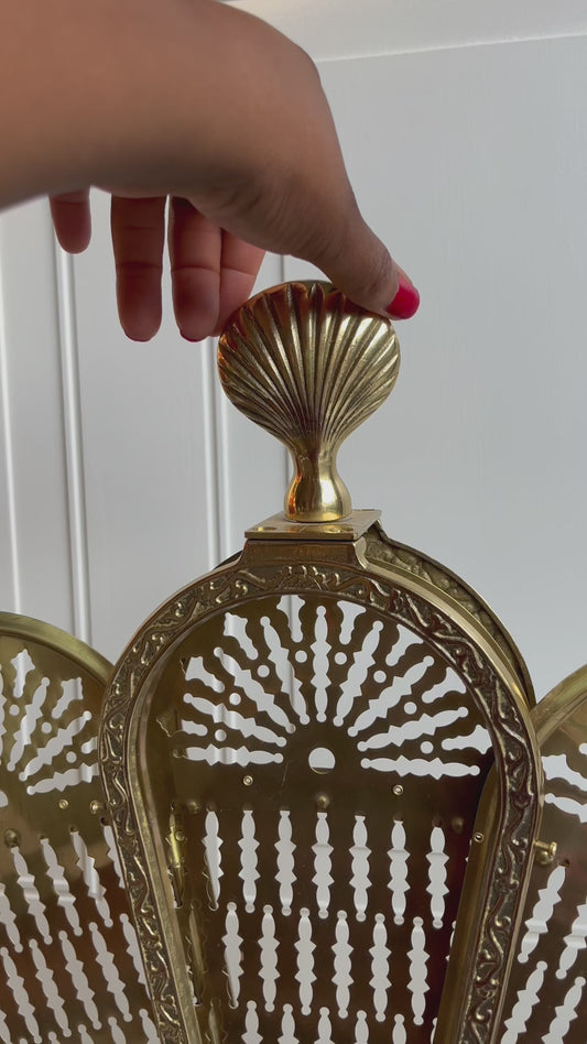 Vintage Brass Clam Seashell Brass Peacock Fireplace Folding Fan Screen