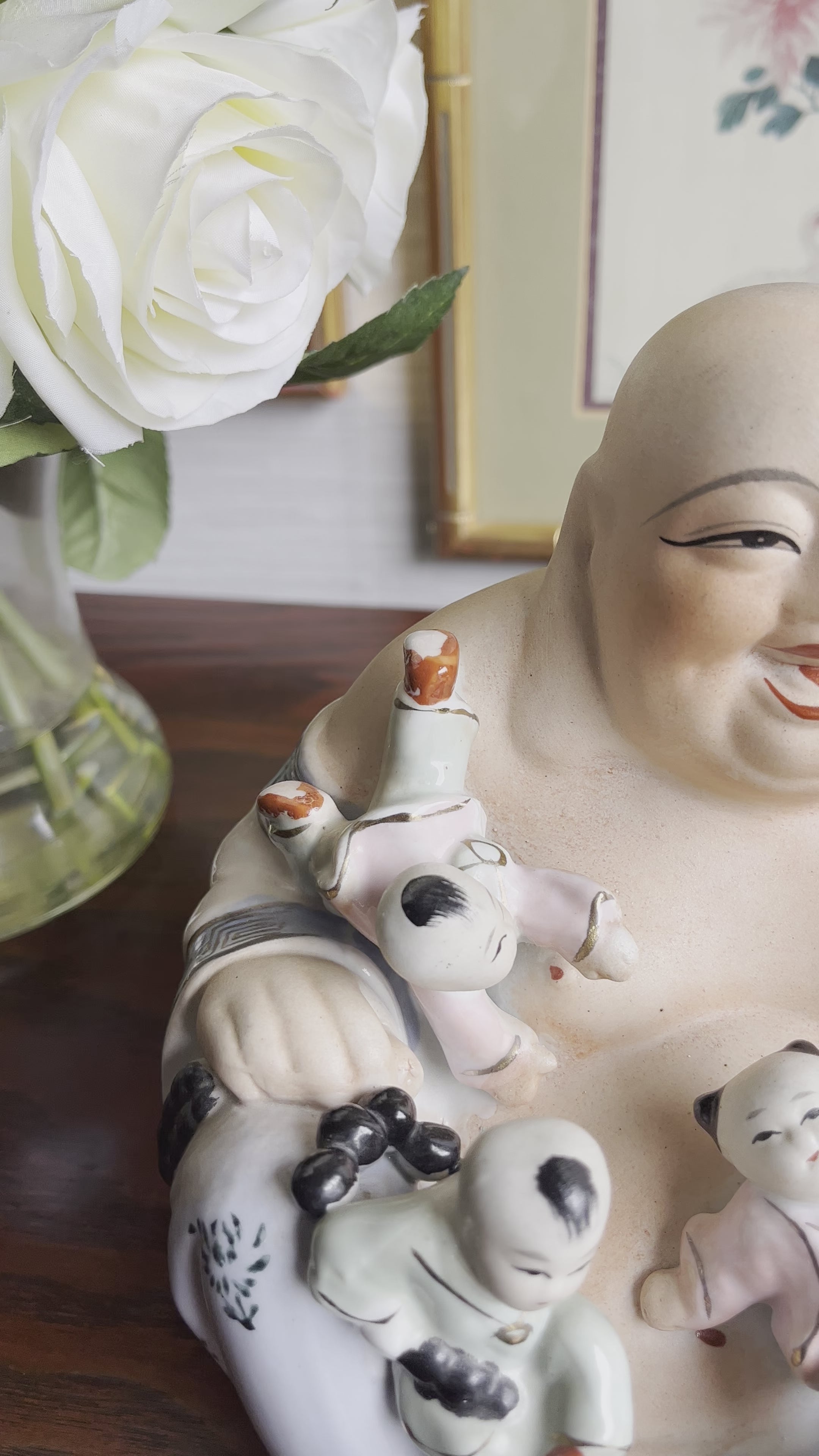 Vintage Chinoiserie Porcelain famille rose happy laughing buddha 5 Kids buy on lap a