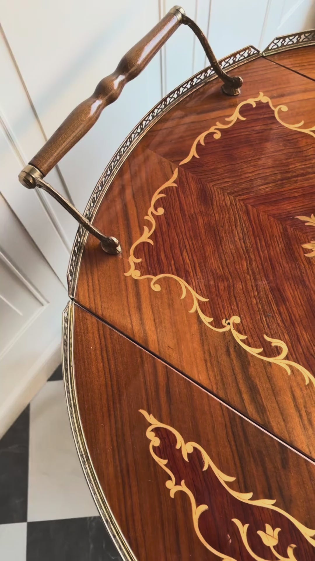 Vintage Italian Marquetry Bar Cart with Brass Gallery & Wheels