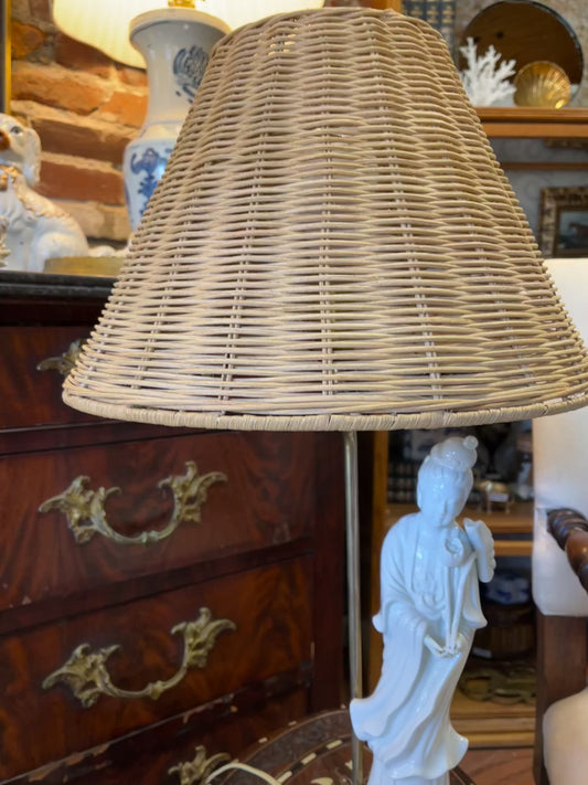 Vintage Blanc De Chine Porcelain Lamp with Rattan Shade