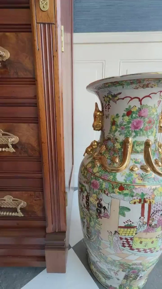 Grand Chinese Famille Rose Canton Floor Vase | 24" Hand Painted Porcelain with Gilt Foo Dog Handles