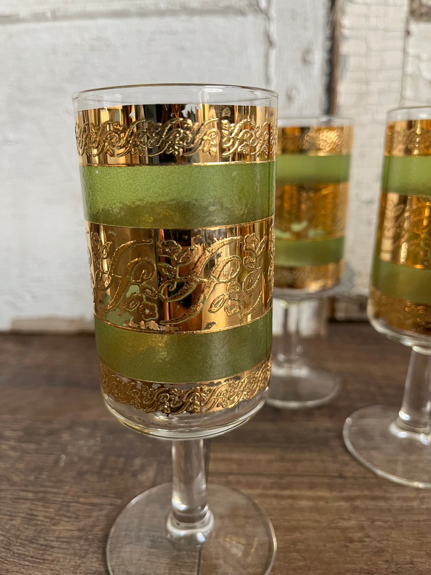 Antique Venetian Delicate Green and Gold Cocktail Glasses- Set of 6