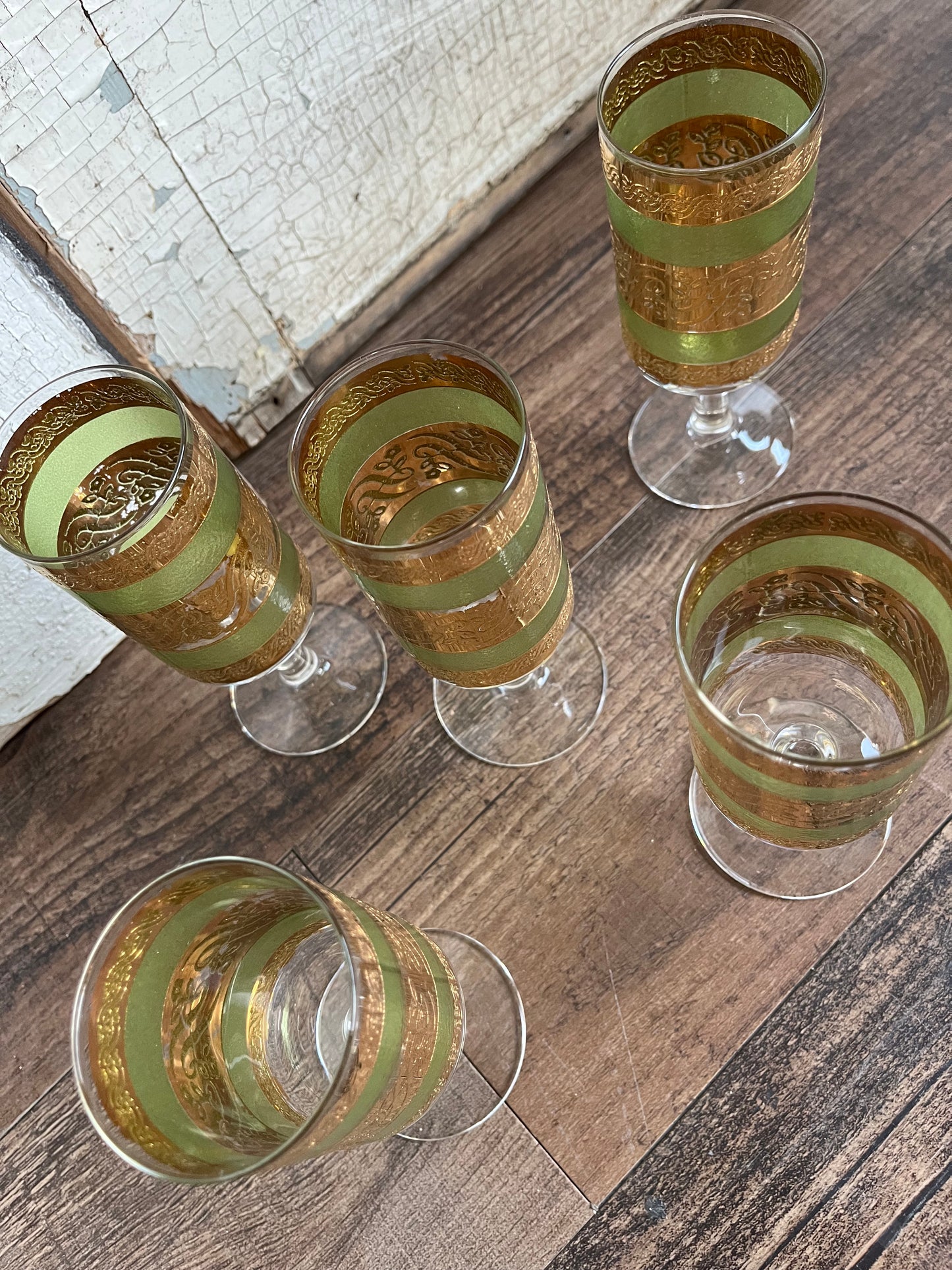 Vintage 60s Culver Starlyte Green &22K Gold Stem Cocktail Glasses - Set Of 5