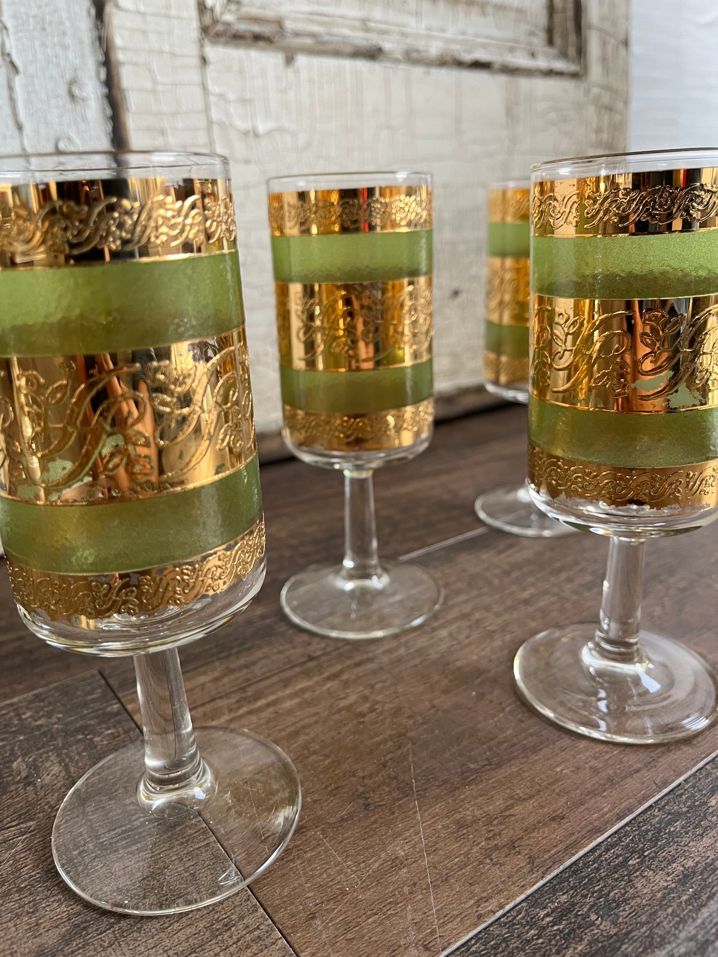 Vintage 60s Culver Starlyte Green &22K Gold Stem Cocktail Glasses - Set Of 5