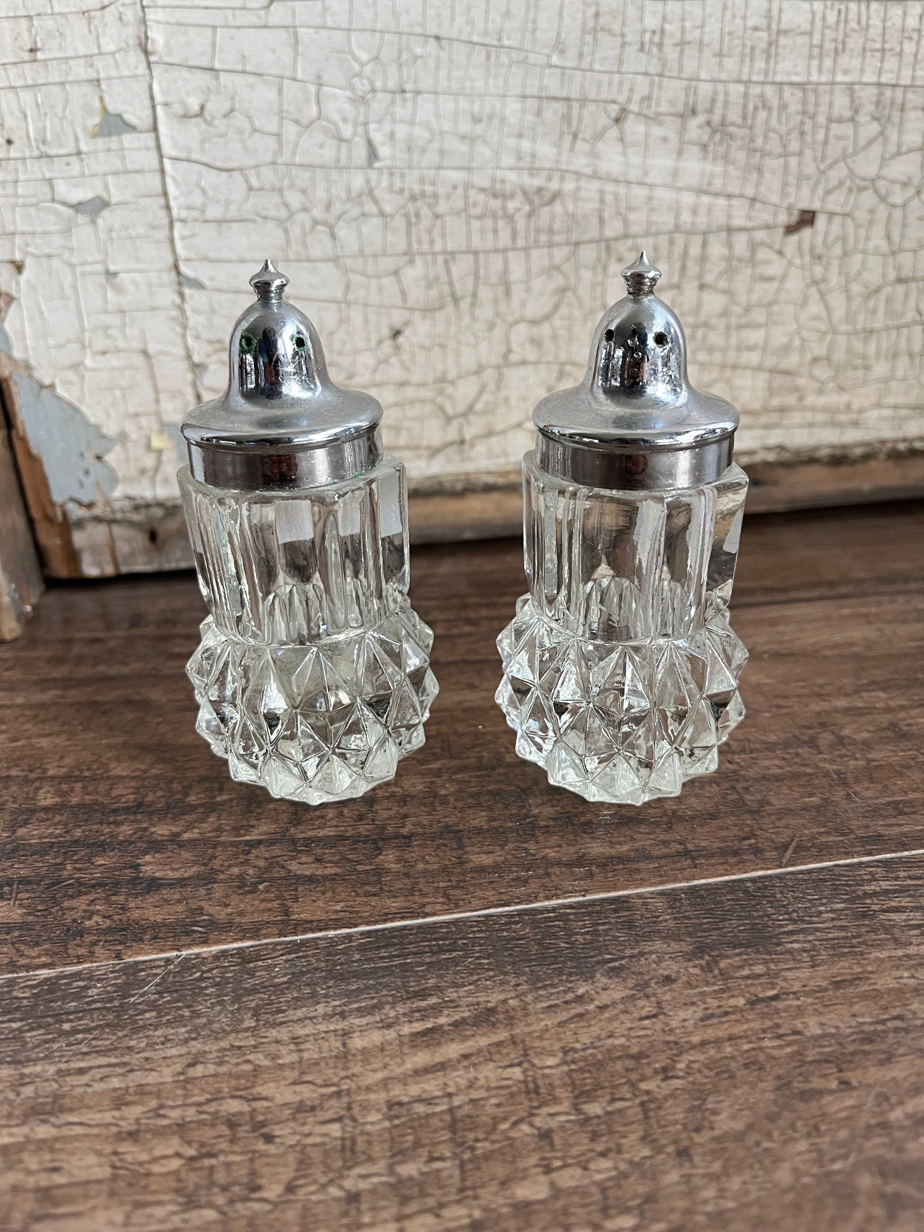 vintage classic glass Diamond shape salt and pepper shakers with