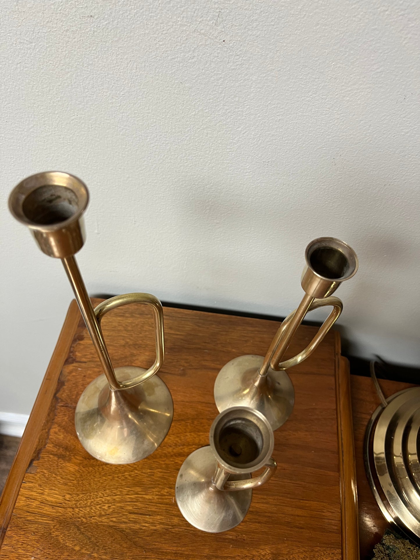 Vintage Brass French Horn Candlestick Holder Trio