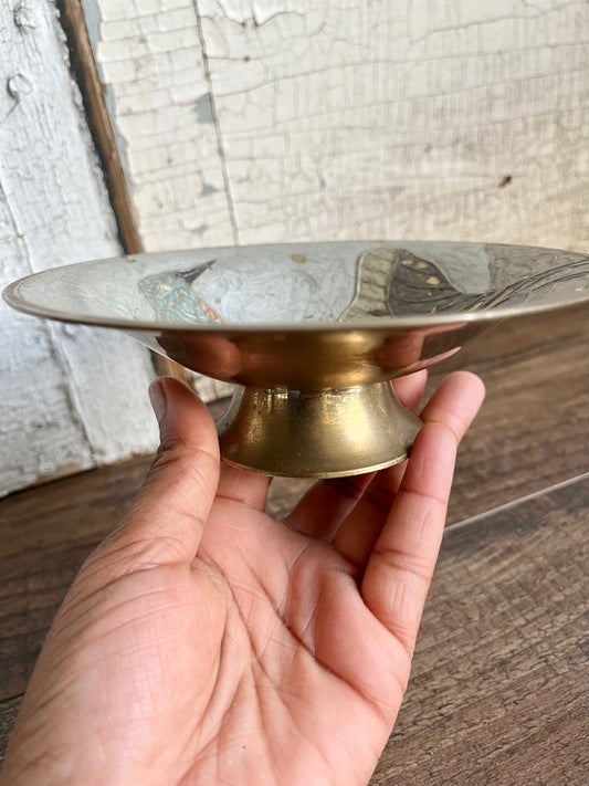 Vintage Enameled Hummingbird Cloisonné Brass Pedestal Catchall Dish