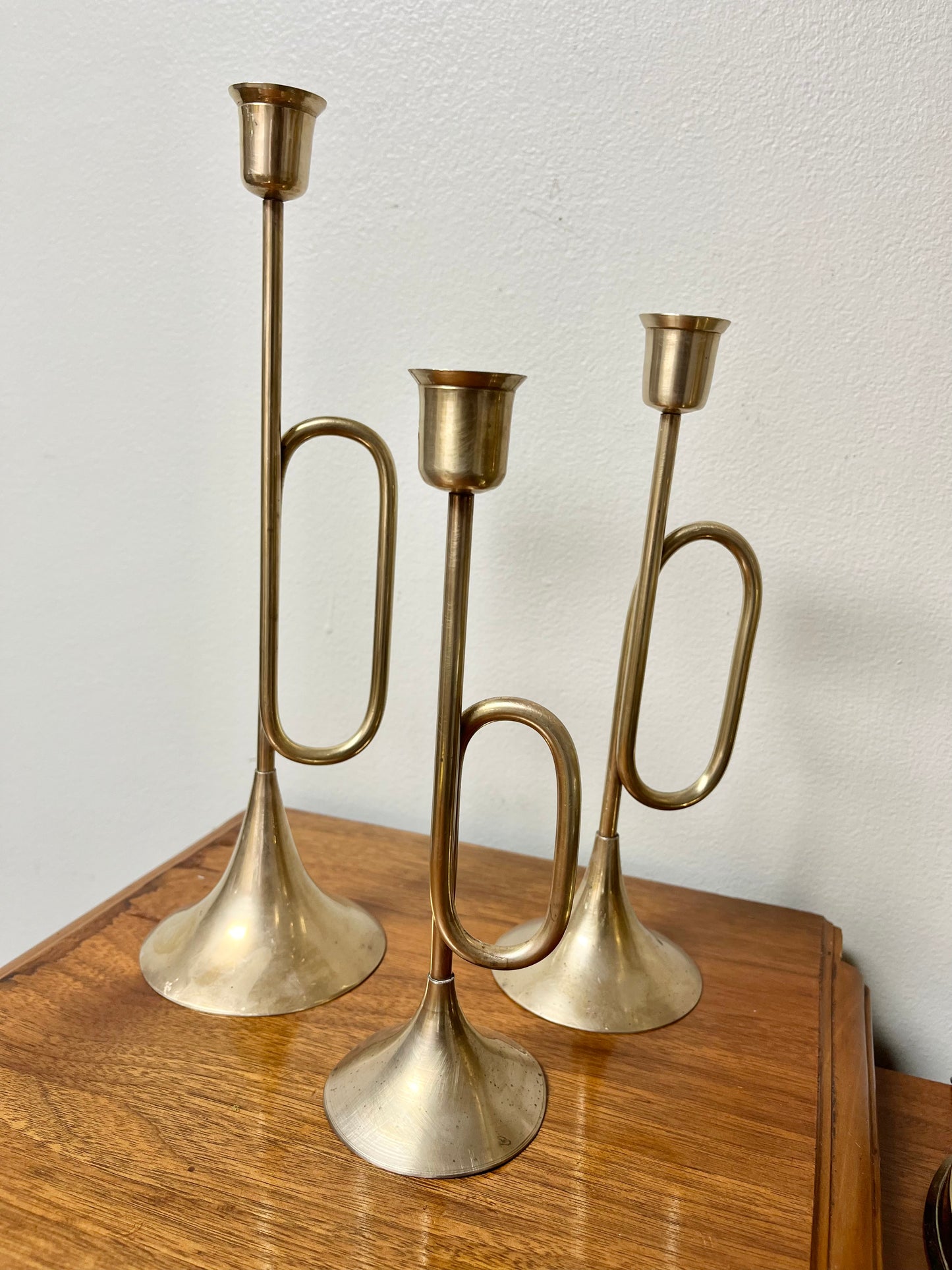 Vintage Brass French Horn Candlestick Holder Trio