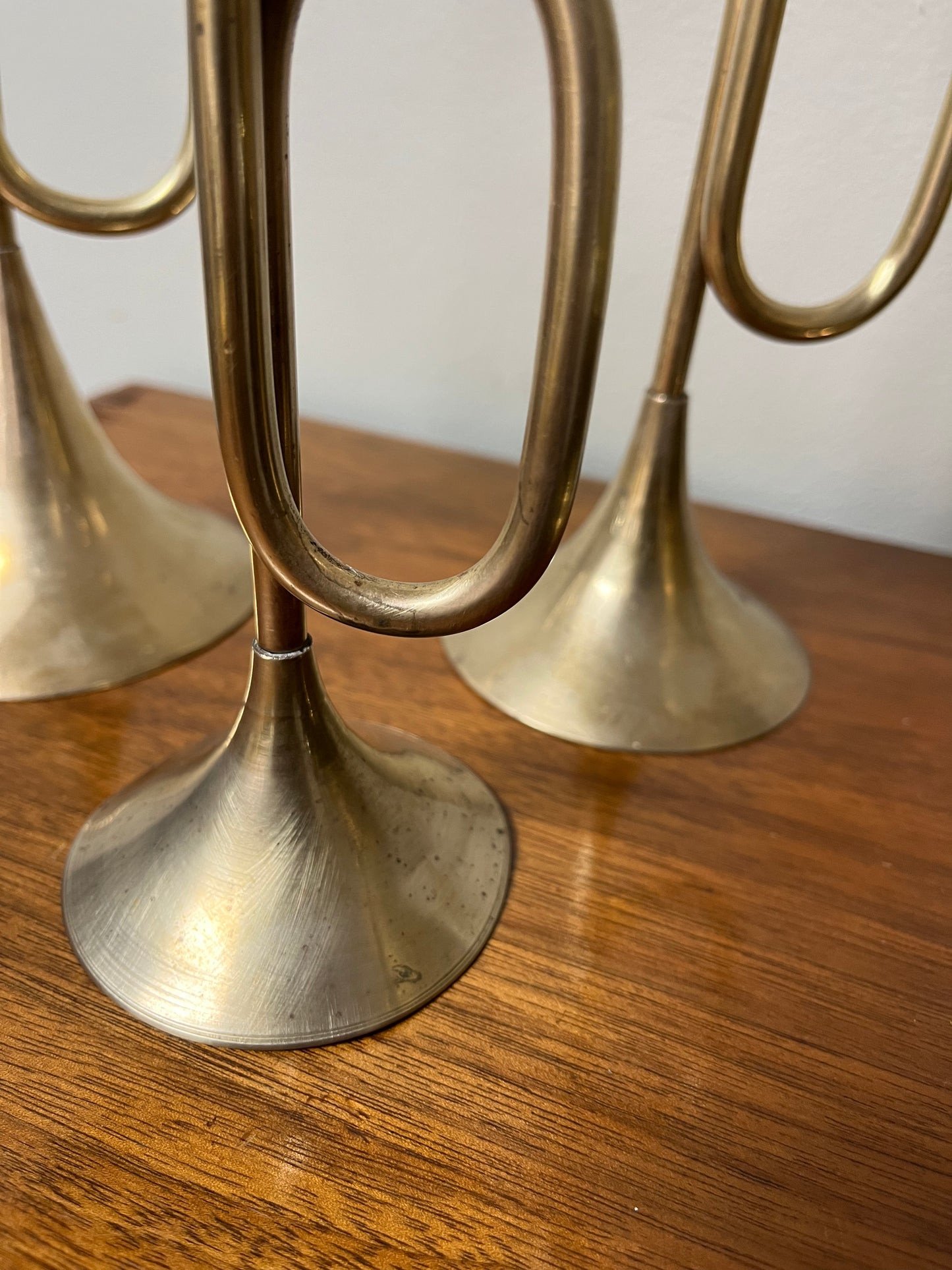 Vintage Brass French Horn Candlestick Holder Trio